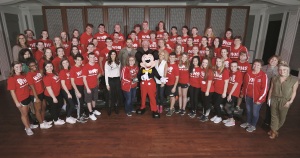 LAKE BUENA VISTA, Fla. (January 13, 2017) Students from Wadsworth High School, Ohio choir group, pose with five-time CMA Vocal Group of the Year Little Big Town and Mickey Mouse as they kick off Music In Our School Tour at Disney. (L-R)  Jane Mell Balek, Give a Note CEO, Karen Fairchild, Jimi Westbrook, Terry Dola, Disney Performing Arts vice president, Kalyn Davis school choir director, Philip Sweet, Kimberly Schlapman, Sarah Trahern, CMA CEO and Radio Disney host, Savanah Keys (far right).